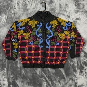 Lisa Nichols Cardigan Sweater Womens 1 Black Vintage Grape Vine Knit Plaid 1993